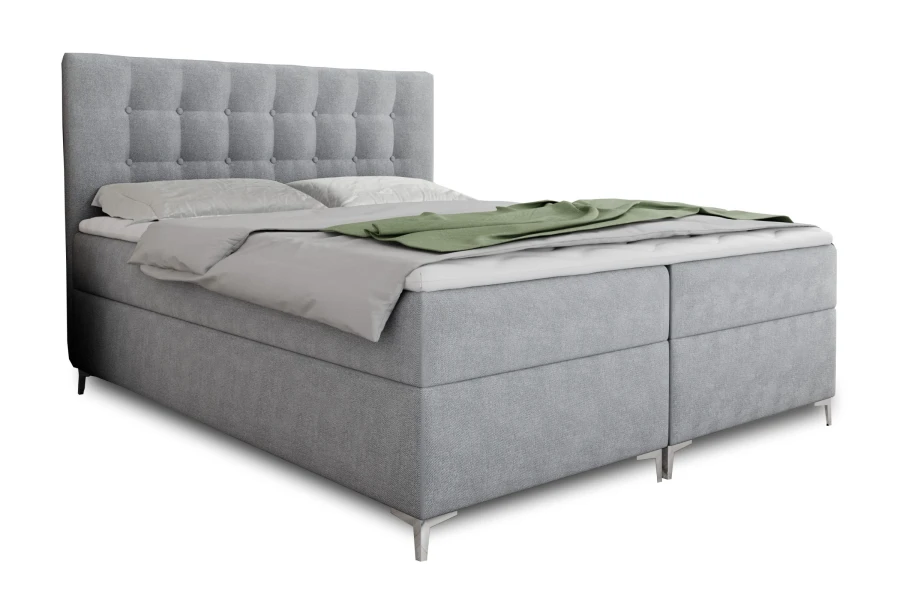 Elegantes Boxspringbett Erik in Grau mit dekorativer Knopfheftung.