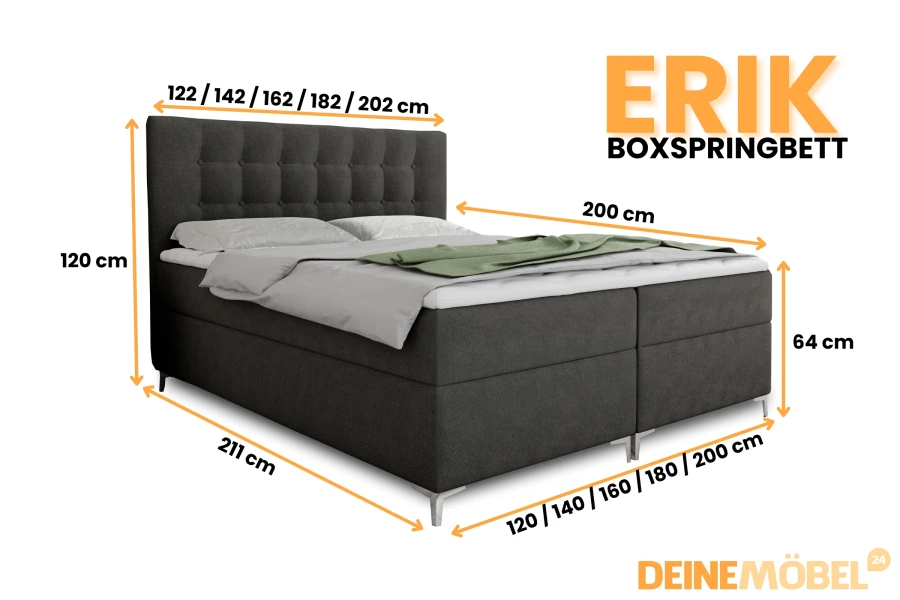 Boxspringbett Erik in Anthrazit mit Maßen: 120cm Kopfteilhöhe, verschiedene Breiten verfügbar.