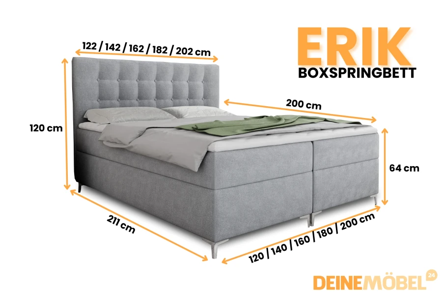 Erik Boxspringbett in Grau mit detaillierten Maßen von 120x200 bis 202x211 cm.