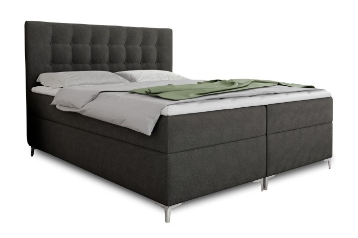 Modernes Boxspringbett Erik in Grau/Anthrazit mit gestepptem Kopfteil auf Metallfüßen.