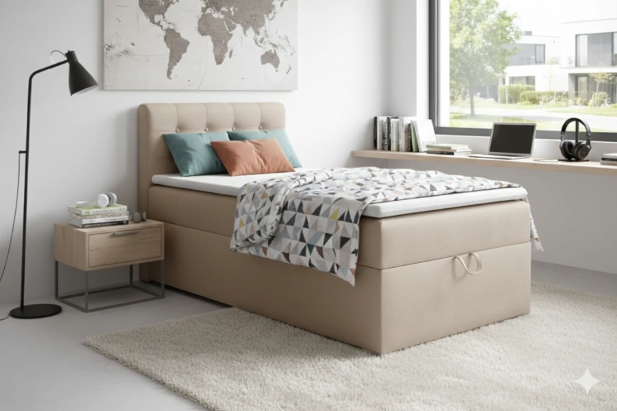Stylish bedroom ambience with beige single bed and modern decor.
