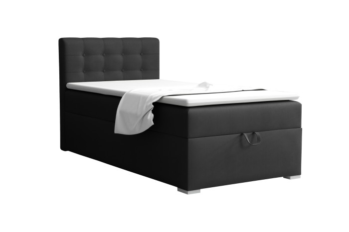 Modern antracietkleurig boxspringbed met gestoffeerd hoofdbord en witte topper.