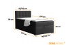 Graphic with dimensions for a black boxspring bed with headboard and storage space.