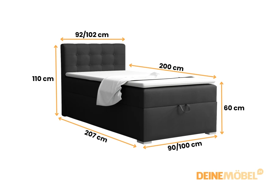 Grafiek met afmetingen voor een zwart boxspringbed met hoofdbord en opbergruimte.