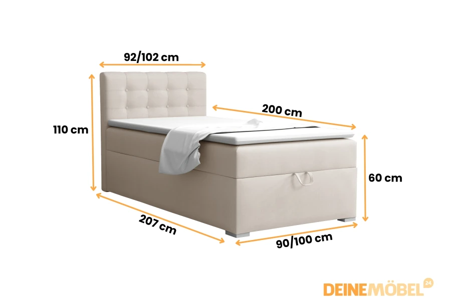 Product dimensions of the box-spring bed: representation of width, length and sleeping height.