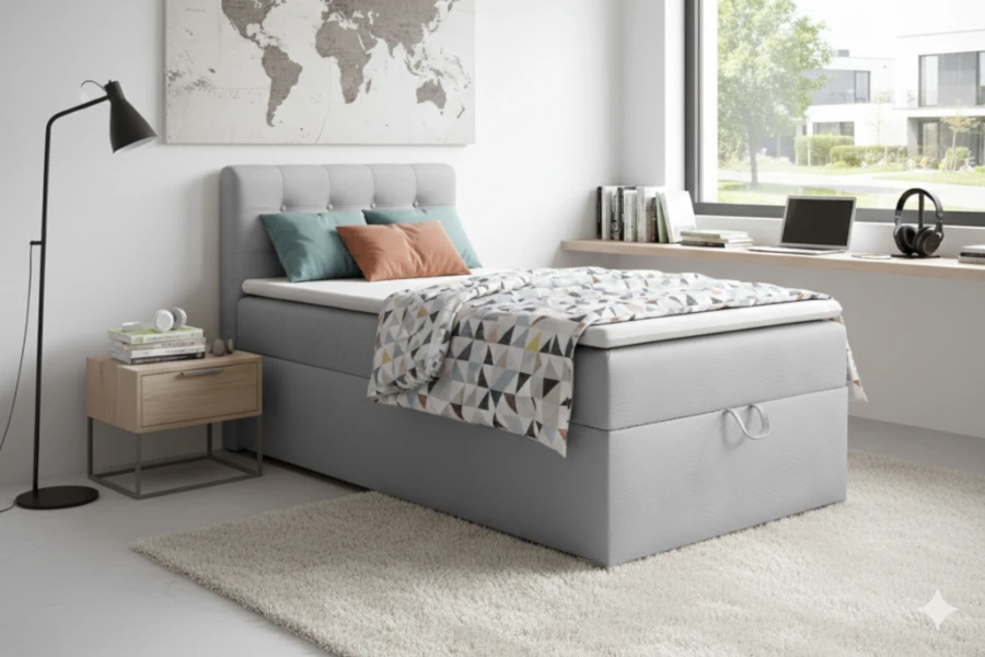 Moderne slaapkamer met grijs boxspringbed, nachtkastje en groot raam.