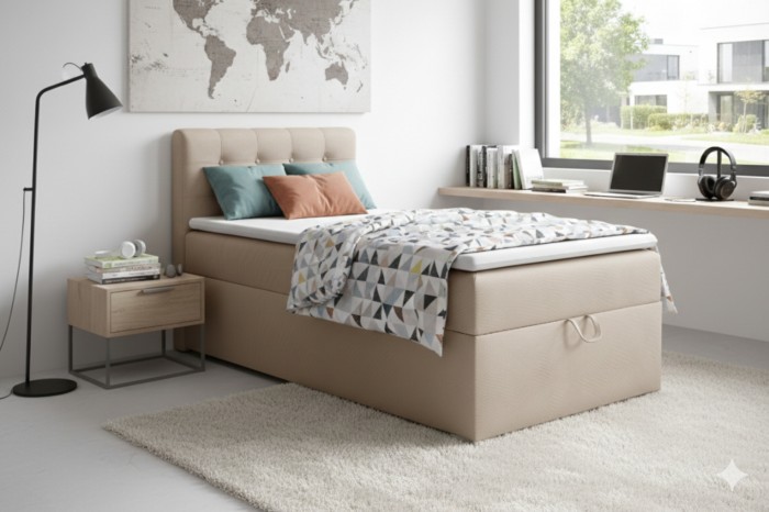 Modern bedroom set with beige boxspring bed and stylish interior.