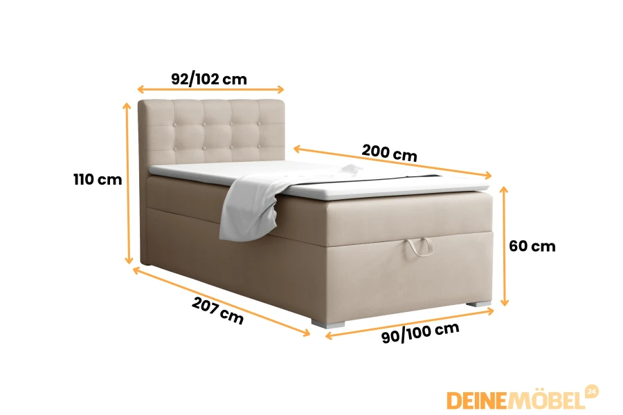 Dimensions for beige boxspring bed 90x200/100x200 cm with headboard and bed base.