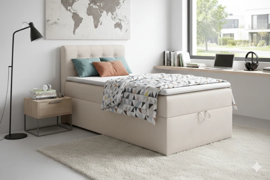 Modern beige boxspringbed met gestoffeerd hoofdbord in een lichte slaapkamer.