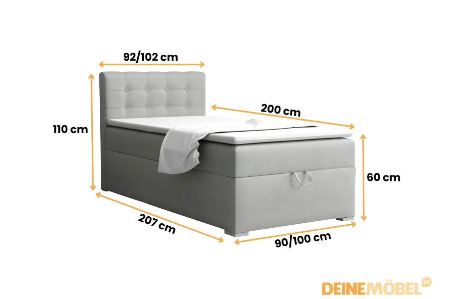 Dimensions and measurements for the grey single box spring bed.