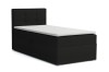 Zwart boxspringbed met gestoffeerd hoofdbord en witte topper op een witte achtergrond.