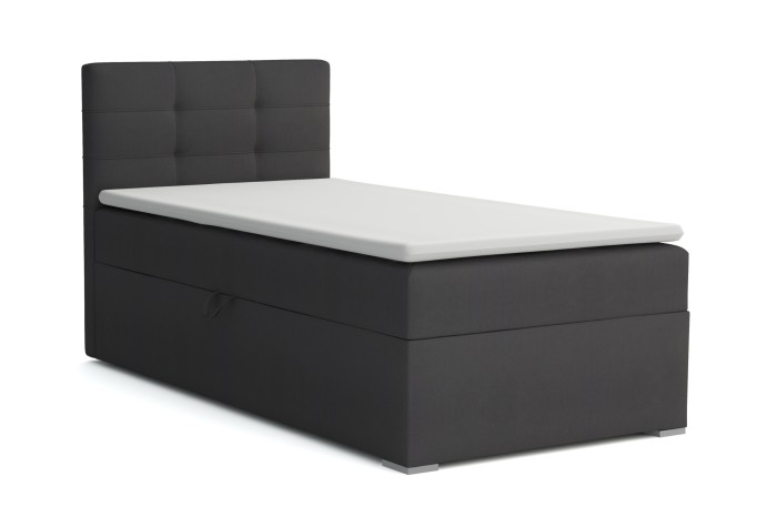 Antracietkleurig boxspringbed voor singles voor een witte achtergrond.