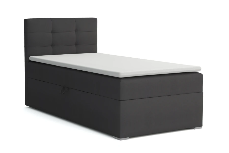 Antracietkleurig boxspringbed voor singles voor een witte achtergrond.