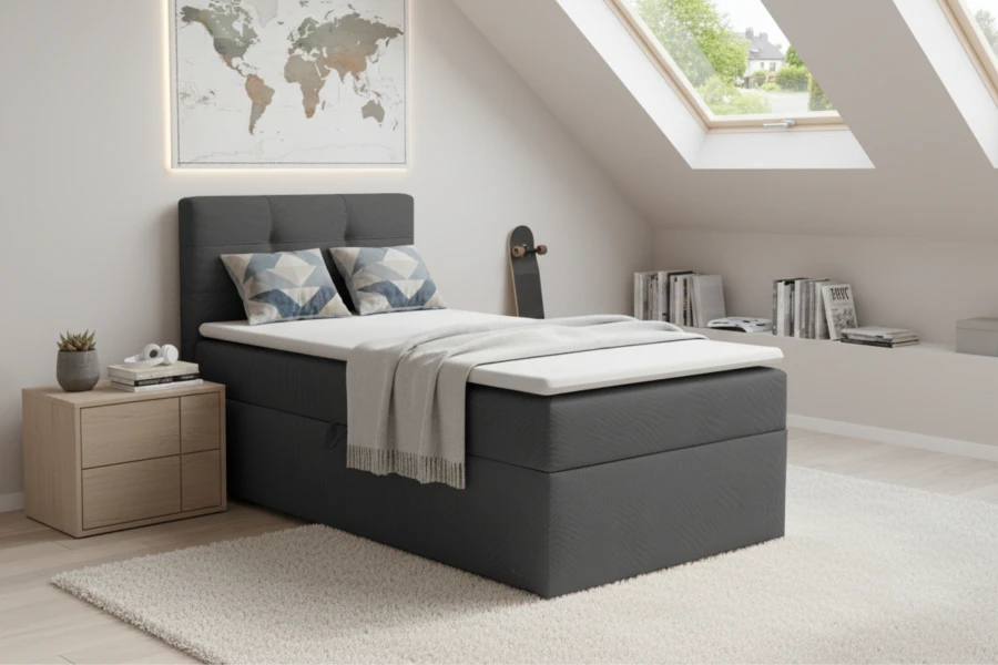 Modernes graues Einzel-Boxspringbett für ein stilvolles Jugendzimmer.
