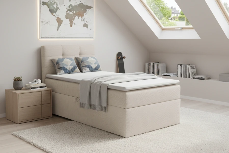 Beiges Boxspringbett für Kinder in modernem Dachzimmer mit Weltkarte an der Wand.