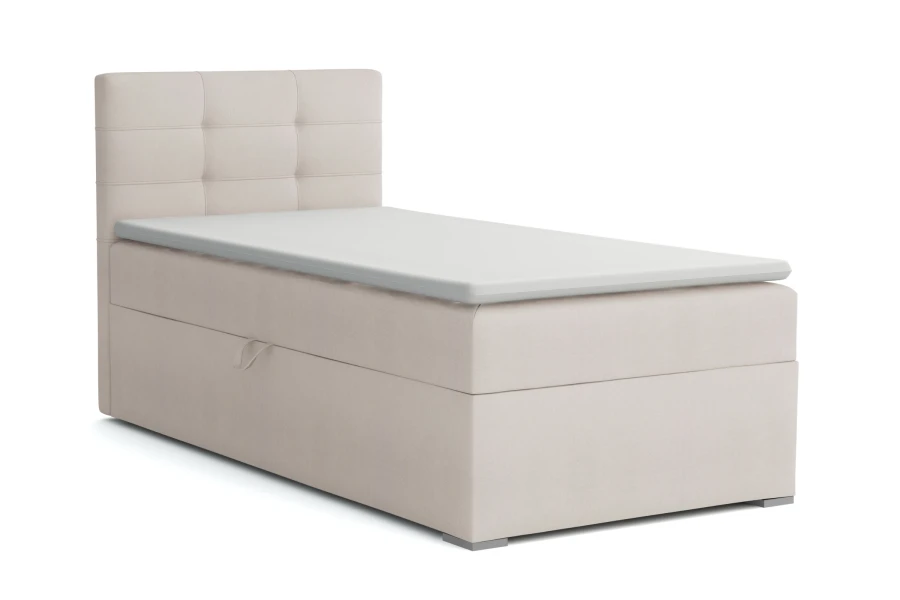 Beiges Einzel-Boxspringbett mit gestepptem Kopfteil und Bettkasten auf weißem Hintergrund.
