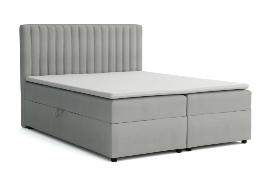 Grijs tweepersoons boxspringbed met verticaal gestikt hoofdbord en praktische bedbak.