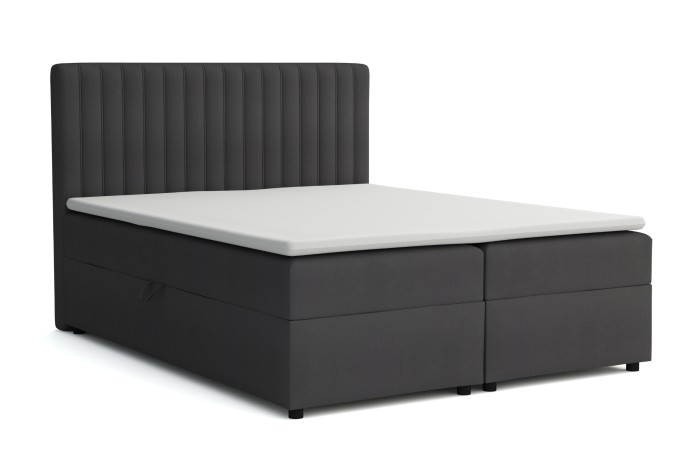 Antracietkleurige boxspring met verticaal gestikt hoofdbord.