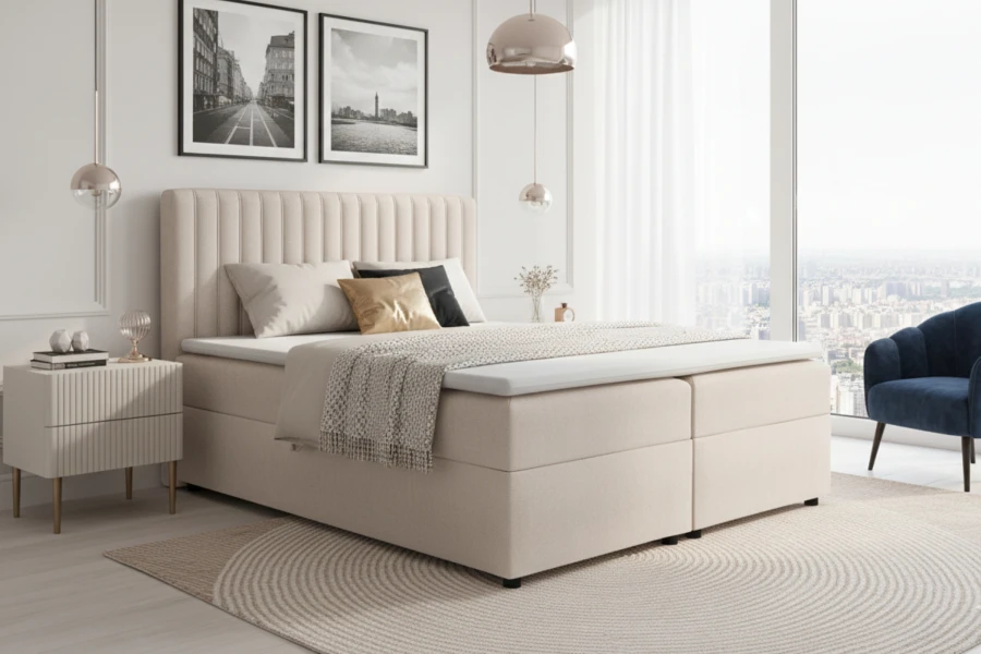 Beiges Boxspringbett im Schlafzimmer mit moderner Dekoration.