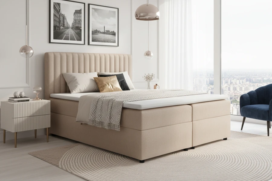 Stilvolles beiges Boxspringbett mit vertikal gestepptem Kopfteil im Schlafzimmer.