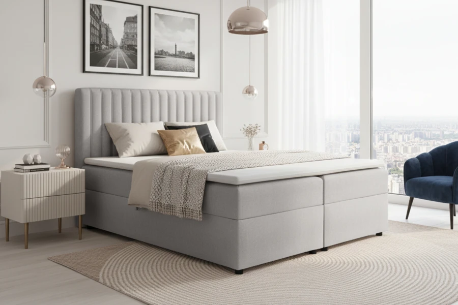 Modernes Schlafzimmer mit hellgrauem Boxspringbett und Fensterfront.