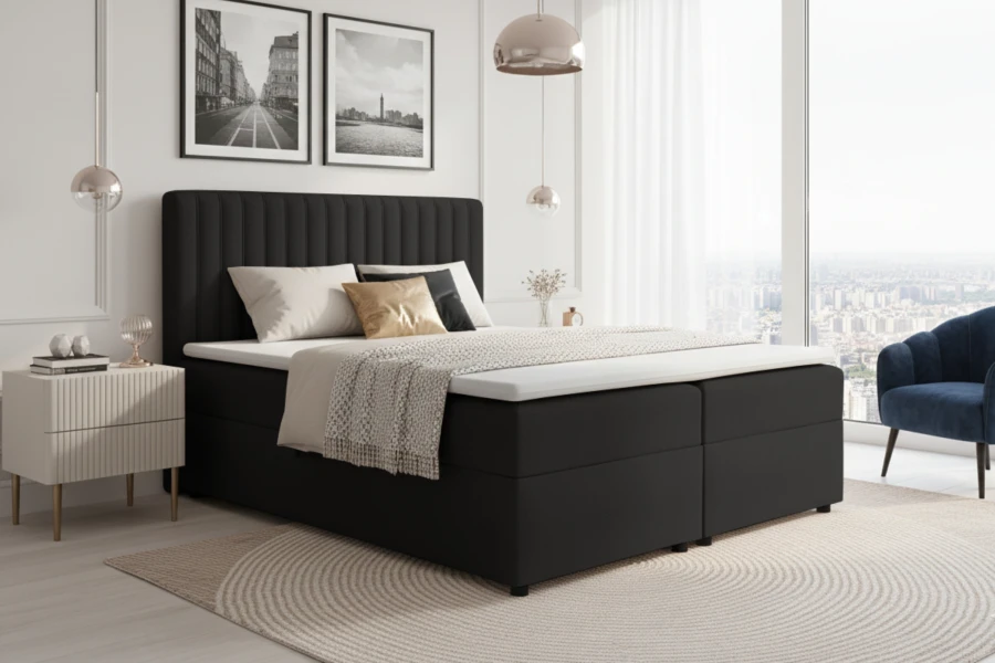 Modernes schwarzes Boxspringbett in hellem Schlafzimmer mit Stadtblick.