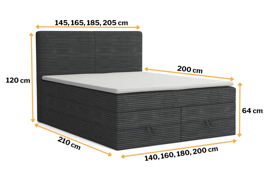 Afmetingen en maten van het donkergrijze boxspringbed in een overzichtsgrafiek.