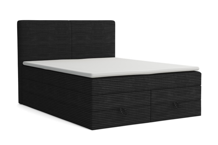 Modern zwart boxspringbed van corduroy met gestoffeerd hoofdbord op een witte achtergrond.
