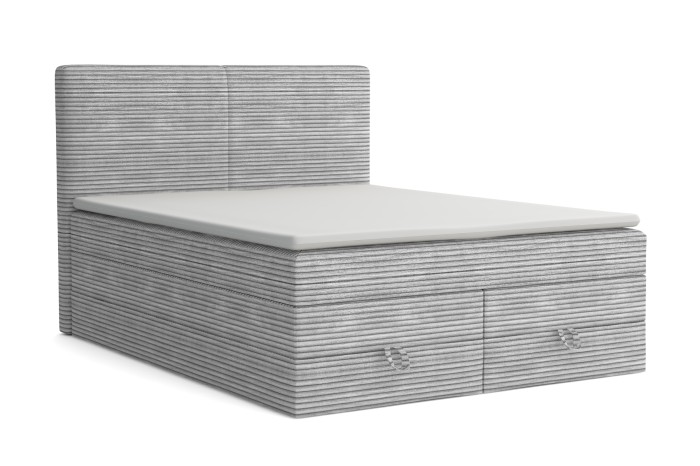 Grijs boxspringbed van corduroy met gecapitonneerd hoofdbord en geïntegreerde laden op een witte achtergrond.