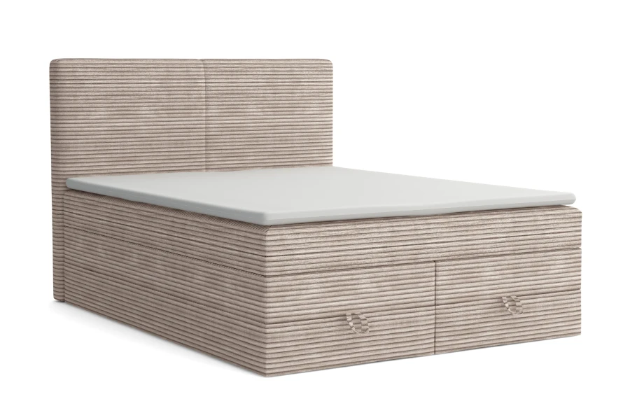 Beige corduroy box spring bed with padded headboard, isolated on a white background.