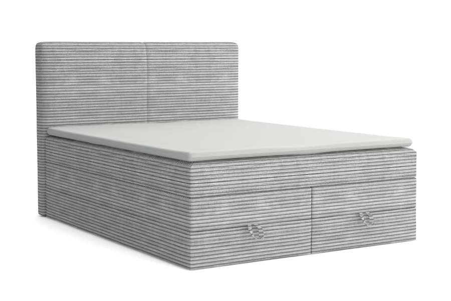 Modern boxspringbed in grijs met cord-bekleding en praktische beddenbakken voor opbergruimte.