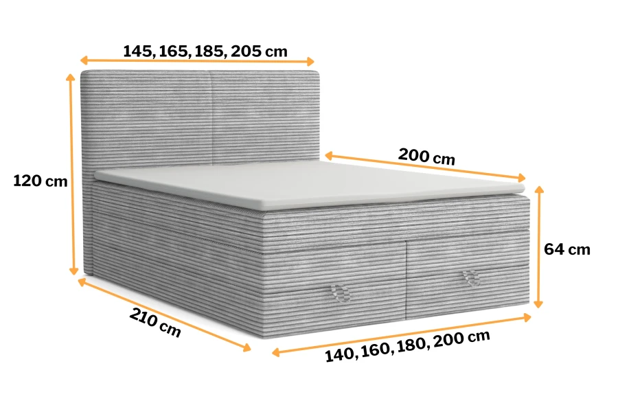Afmetingen van het grijze boxspringbed: detailweergave met hoogte- en breedtegegevens in cm.