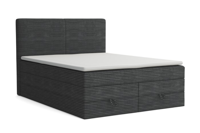 Antracietkleurig boxspringbed met corduroy bekleding en hoog hoofdbord op een witte achtergrond.