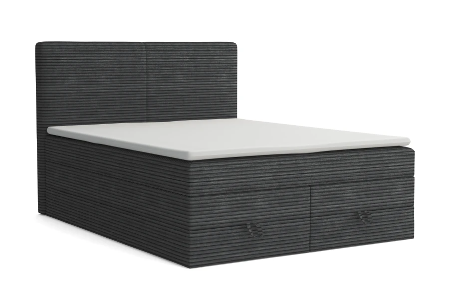 Antracietkleurig boxspringbed van corduroy met wit matras voor een witte achtergrond.
