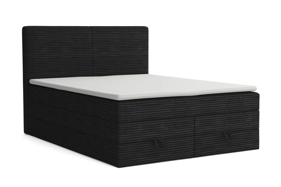 Zwart boxspringbed met corduroy bekleding en wit matras op een witte achtergrond.