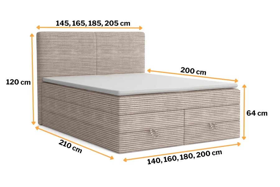 Infographic met afmetingen voor het boxspringbed in verschillende maten.