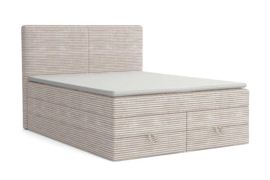 Modernes Boxspringbett in Beige mit weichem Cord-Bezug und hohem Kopfteil.