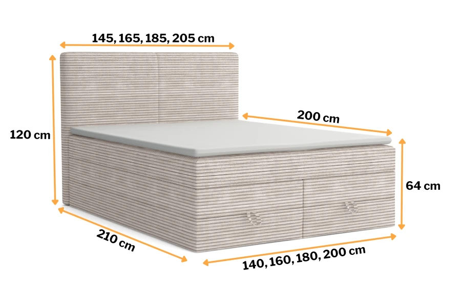 Grafik mit den wichtigsten Maßen und Abmessungen des Boxspringbettes mit Stauraum.