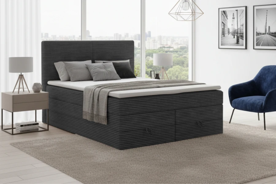 Stilvolles anthrazitfarbenes Boxspringbett aus Cord in modernem Schlafzimmer.