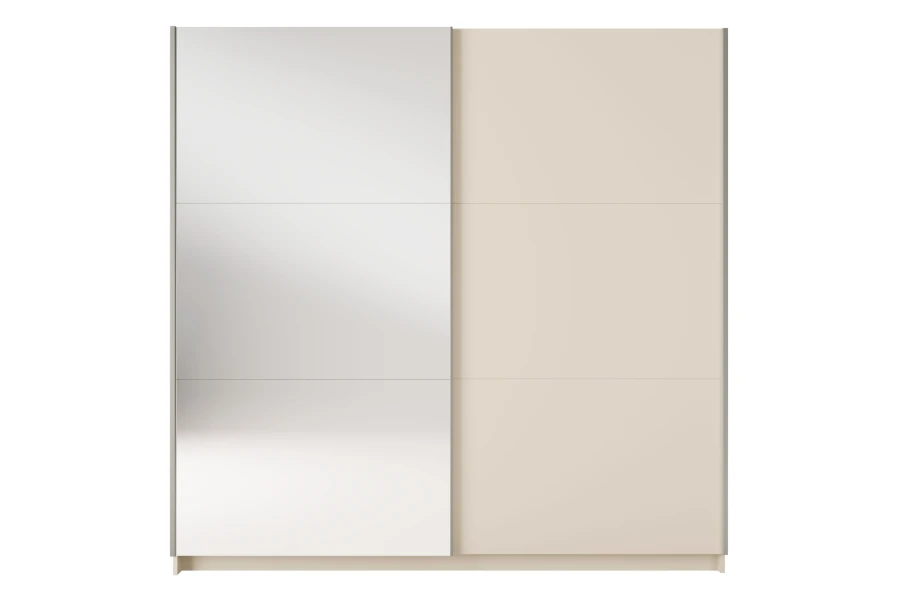 Zweitüriger Schwebetürenschrank in Beige mit großem Spiegel für das Schlafzimmer.