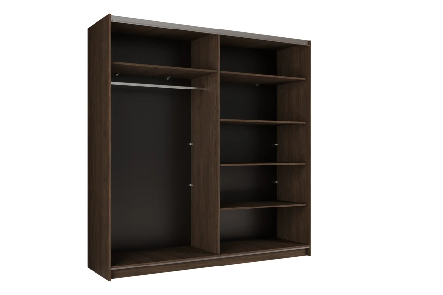 Innenansicht Kleiderschrank in dunkler Holzoptik mit Kleiderstange und Ablagefächern.