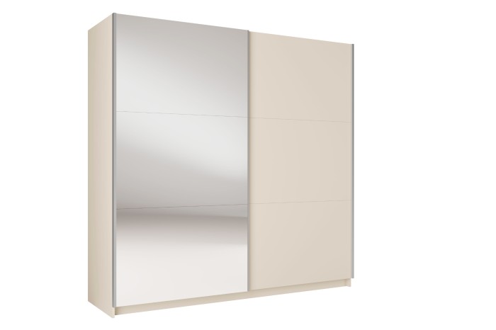 Moderner beiger Schwebetürenschrank mit Ganzkörperspiegel.