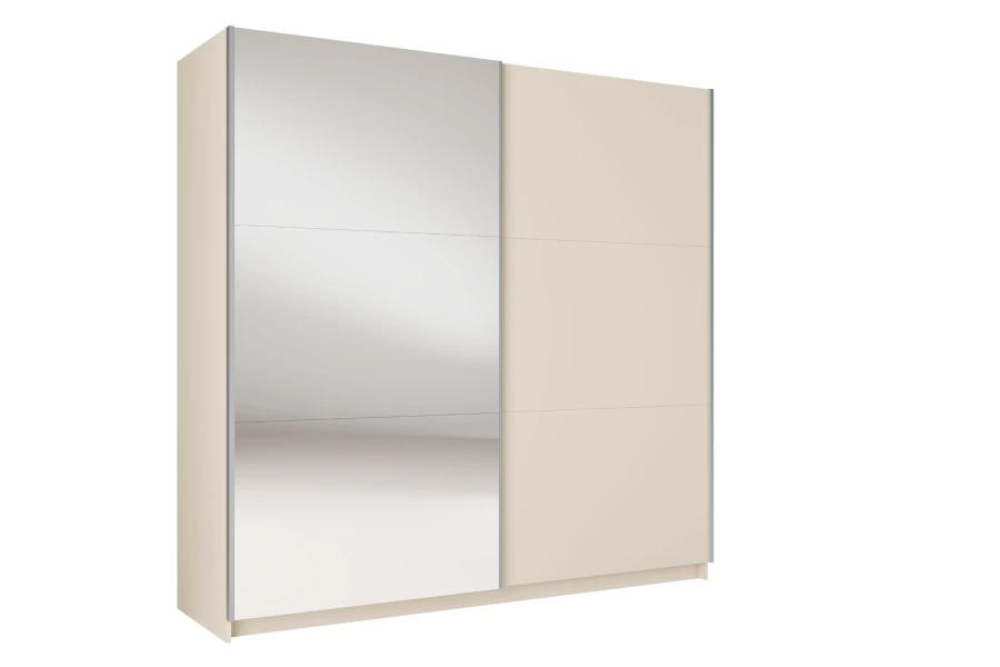 Beige Kleiderschrank mit Schwebetüren und Spiegelfront in der Seitenansicht.