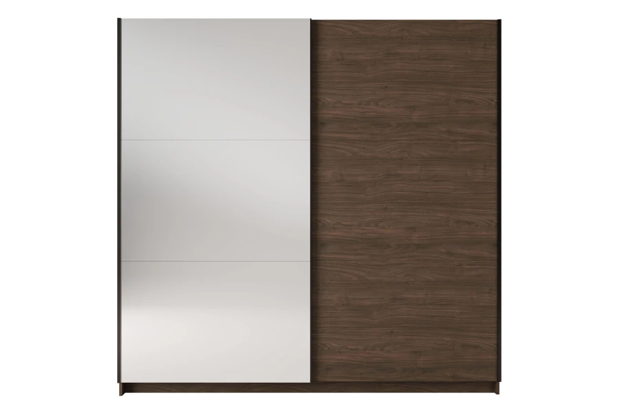 Moderner Schwebetürenschrank in dunkler Holzoptik mit großer Spiegelfront, Frontansicht.