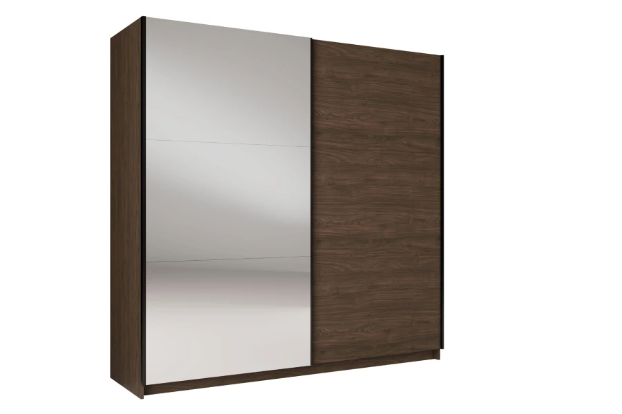 Zweitüriger Kleiderschrank mit Schiebetüren, Spiegel und dunklem Holzdekor, Seitenansicht.