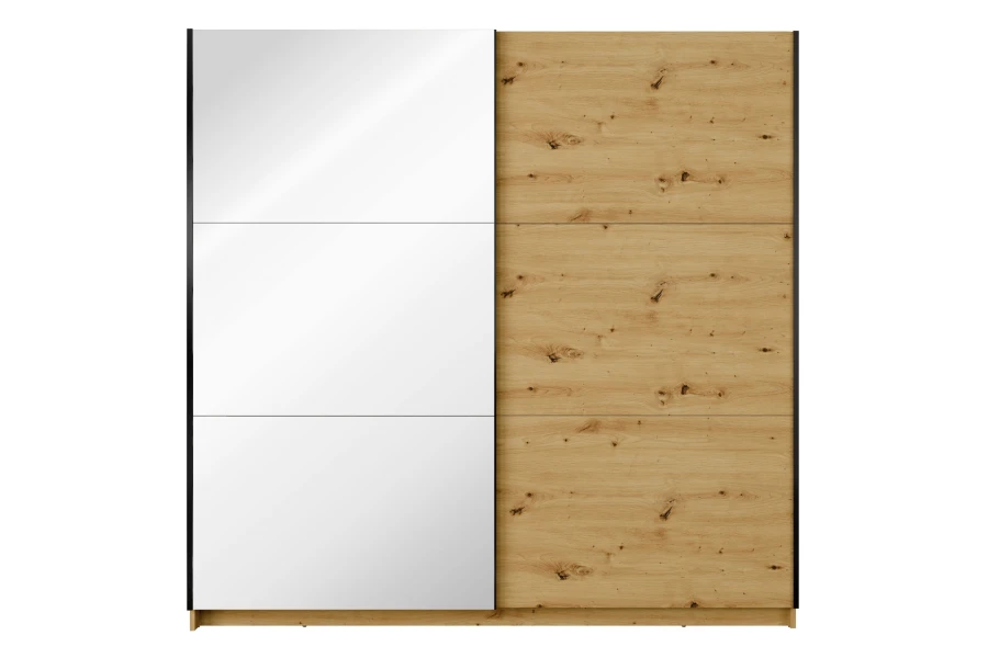 Schwebetürenschrank in heller Eiche-Optik mit Spiegeltür.