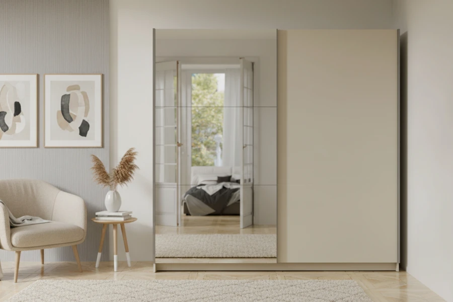Beiger Schwebetürenschrank mit Spiegel im modernen Schlafzimmer-Design.