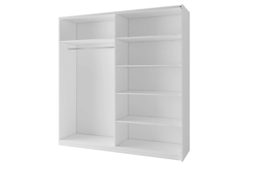 Kleiderschrank-Innenaufteilung in Weiß mit Kleiderstange und vielen Regalfächern.