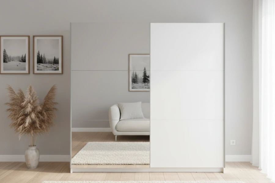 Weißer Schwebetürenschrank mit Spiegel für ein helles, modernes Schlafzimmer.