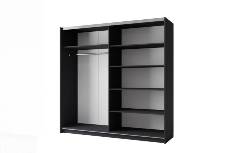 Innenansicht Kleiderschrank: Schwarz mit Kleiderstange und Regalfächern.